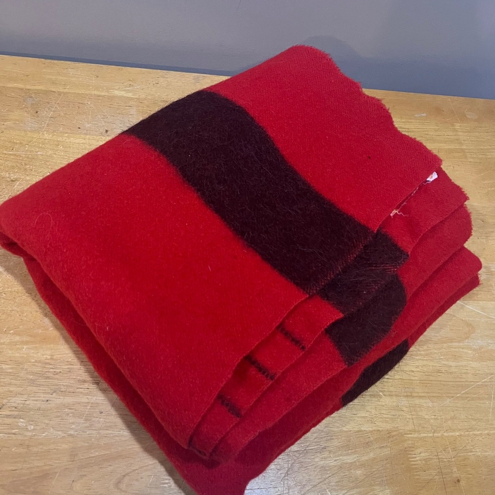 Vtg Hudson Bay Wool Camp Blanket Red Black Striped‎ Cabin Lodge 82x68